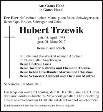 Traueranzeige von Hubert Trzewik  von Magdeburger Volksstimme