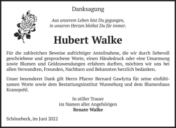 Traueranzeige von Hubert Walke  von Magdeburger Volksstimme