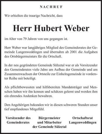 Traueranzeige von Hubert Weber  von Magdeburger Volksstimme