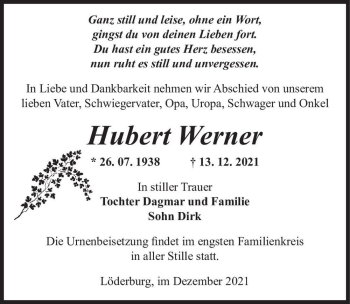 Traueranzeige von Hubert Werner  von Magdeburger Volksstimme