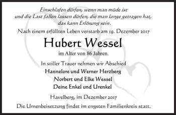 Traueranzeige von Hubert Wessel  von Magdeburger Volksstimme