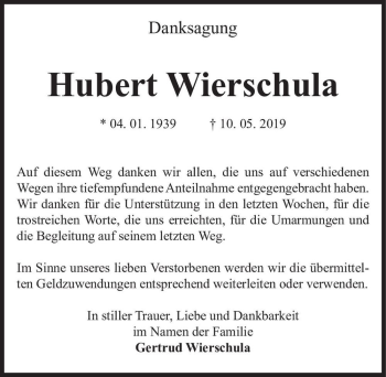 Traueranzeige von Hubert Wierschula  von Magdeburger Volksstimme