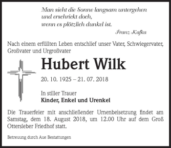 Traueranzeige von Hubert Wilk  von Magdeburger Volksstimme