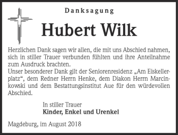 Traueranzeige von Hubert Wilk  von Magdeburger Volksstimme