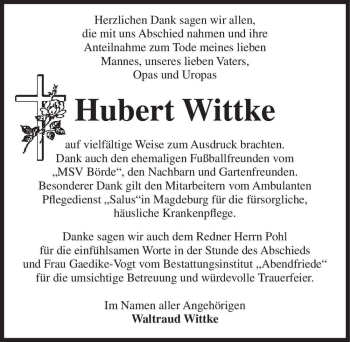 Traueranzeige von Hubert Wittke  von Magdeburger Volksstimme