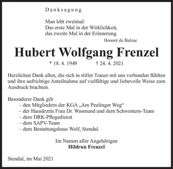 Traueranzeige von Hubert Wolfgang Frenzel  von Magdeburger Volksstimme