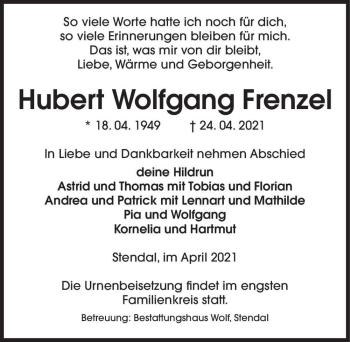 Traueranzeige von Hubert Wolfgang Frenzel  von Magdeburger Volksstimme