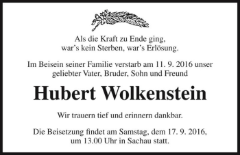 Traueranzeige von Hubert Wolkenstein  von Magdeburger Volksstimme