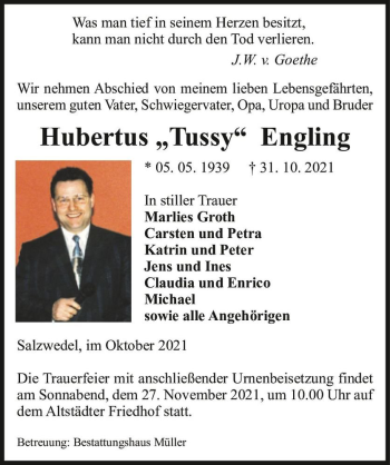 Traueranzeige von Hubertus 