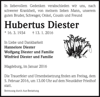 Traueranzeige von Hubertus Diester  von Magdeburger Volksstimme