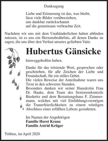 Traueranzeige von Hubertus Gänsicke  von Magdeburger Volksstimme