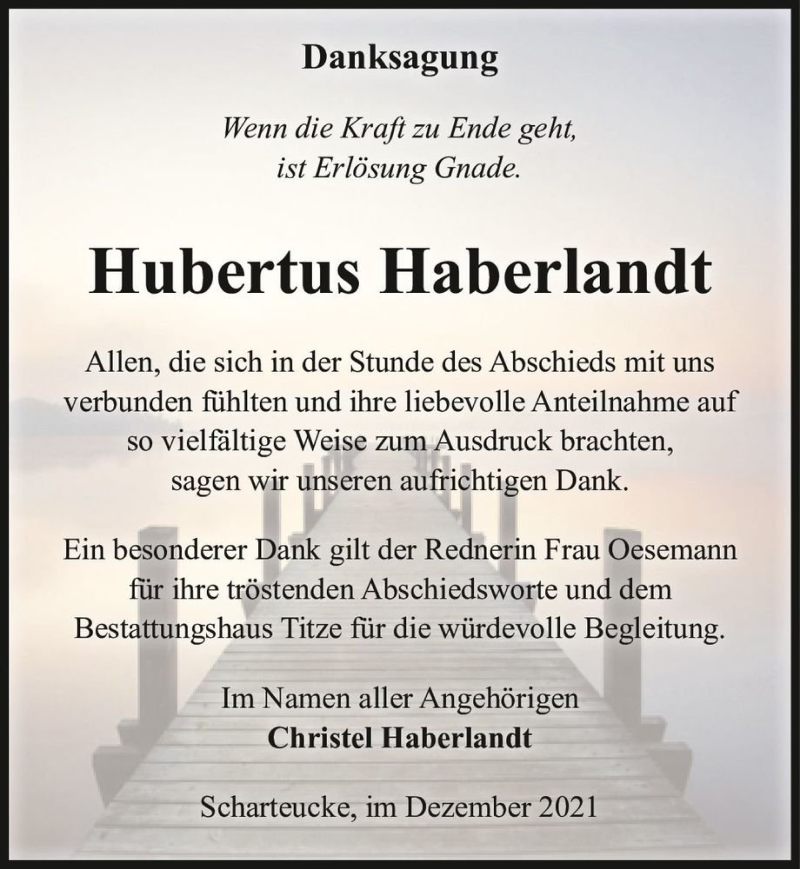  Traueranzeige für Hubertus Haberlandt  vom 24.12.2021 aus Magdeburger Volksstimme