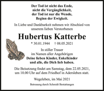 Traueranzeige von Hubertus Katterbe  von Magdeburger Volksstimme