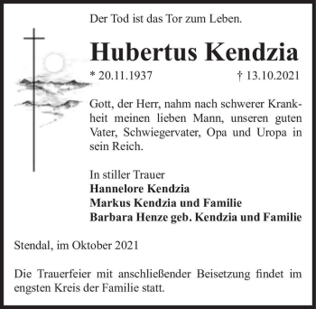 Traueranzeige von Hubertus Kendzia  von Magdeburger Volksstimme
