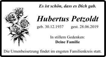 Traueranzeige von Hubertus Petzoldt  von Magdeburger Volksstimme