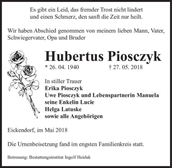 Traueranzeige von Hubertus Piosczyk  von Magdeburger Volksstimme