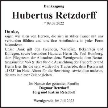 Traueranzeige von Hubertus Retzdorff  von Magdeburger Volksstimme