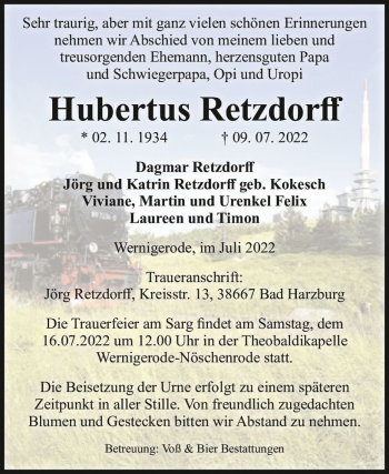 Traueranzeige von Hubertus Retzdorff  von Magdeburger Volksstimme