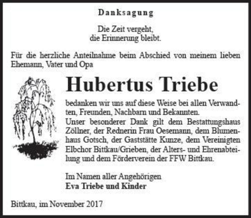  Traueranzeige für Hubertus Triebe  vom 04.11.2017 aus Magdeburger Volksstimme