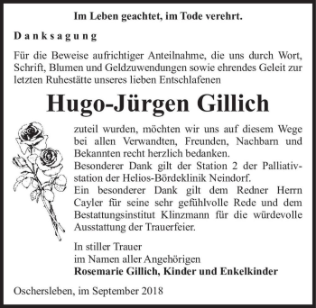 Traueranzeige von Hugo-Jürgen Gillich  von Magdeburger Volksstimme