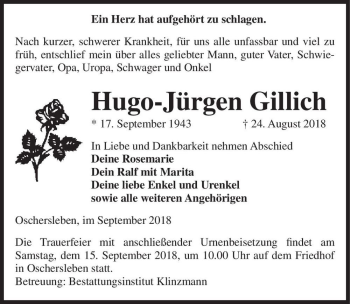 Traueranzeige von Hugo-Jürgen Gillich  von Magdeburger Volksstimme