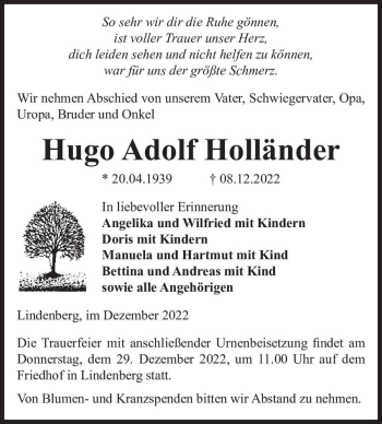 Traueranzeige von Hugo Adolf Holländer  von Magdeburger Volksstimme