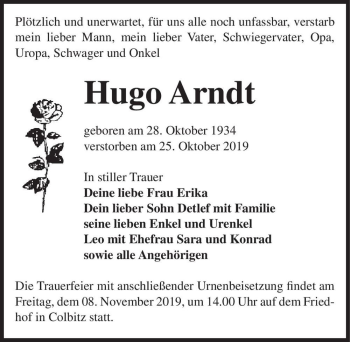 Traueranzeige von Hugo Arndt  von Magdeburger Volksstimme
