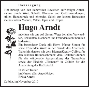 Traueranzeige von Hugo Arndt  von Magdeburger Volksstimme