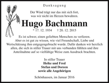 Traueranzeige von Hugo Bachmann  von Magdeburger Volksstimme