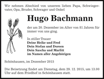 Traueranzeige von Hugo Bachmann  von Magdeburger Volksstimme