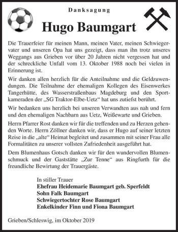 Traueranzeige von Hugo Baumgart  von Magdeburger Volksstimme