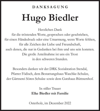 Traueranzeige von Hugo Biedler  von Magdeburger Volksstimme