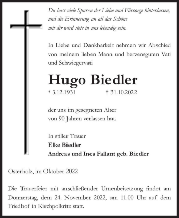 Traueranzeige von Hugo Biedler  von Magdeburger Volksstimme