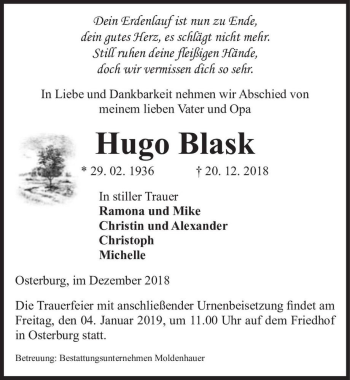 Traueranzeige von Hugo Blask  von Magdeburger Volksstimme
