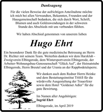 Traueranzeige von Hugo Ehrt  von Magdeburger Volksstimme