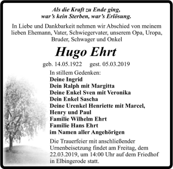 Traueranzeige von Hugo Ehrt  von Magdeburger Volksstimme