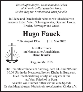 Traueranzeige von Hugo Fauck  von Magdeburger Volksstimme