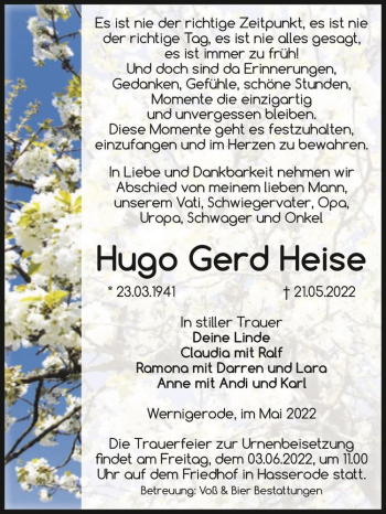 Traueranzeige von Hugo Gerd Heise  von Magdeburger Volksstimme
