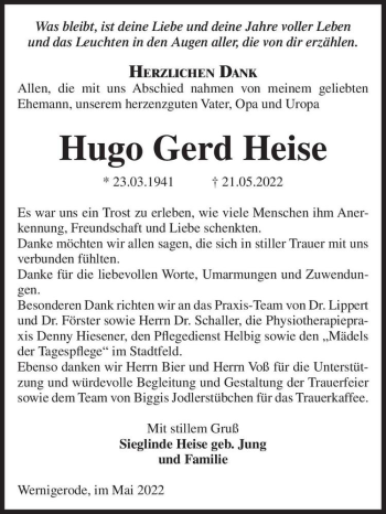 Traueranzeige von Hugo Gerd Heise  von Magdeburger Volksstimme