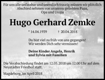 Traueranzeige von Hugo Gerhard Zemke  von Magdeburger Volksstimme