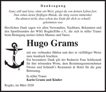 Traueranzeige von Hugo Grams  von Magdeburger Volksstimme