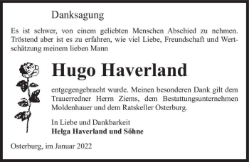 Traueranzeige von Hugo Haverland  von Magdeburger Volksstimme