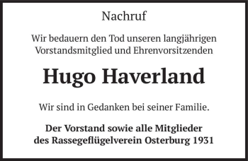 Traueranzeige von Hugo Haverland  von Magdeburger Volksstimme