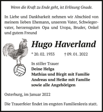 Traueranzeige von Hugo Haverland  von Magdeburger Volksstimme