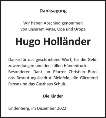Traueranzeige von Hugo Holländer  von Magdeburger Volksstimme
