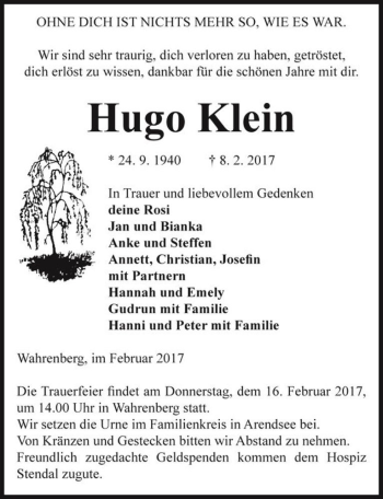 Traueranzeige von Hugo Klein  von Magdeburger Volksstimme