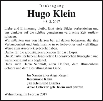 Traueranzeige von Hugo Klein  von Magdeburger Volksstimme
