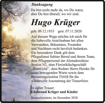 Traueranzeige von Hugo Krüger  von Magdeburger Volksstimme