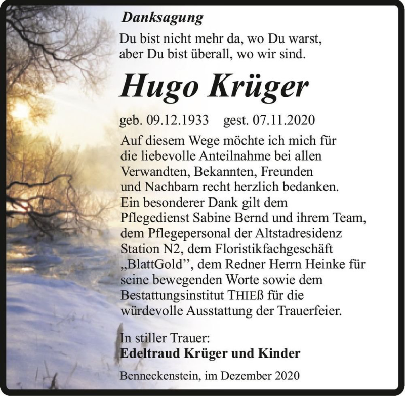  Traueranzeige für Hugo Krüger  vom 05.12.2020 aus Magdeburger Volksstimme