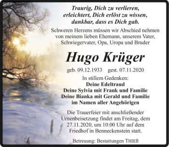 Traueranzeige von Hugo Krüger  von Magdeburger Volksstimme